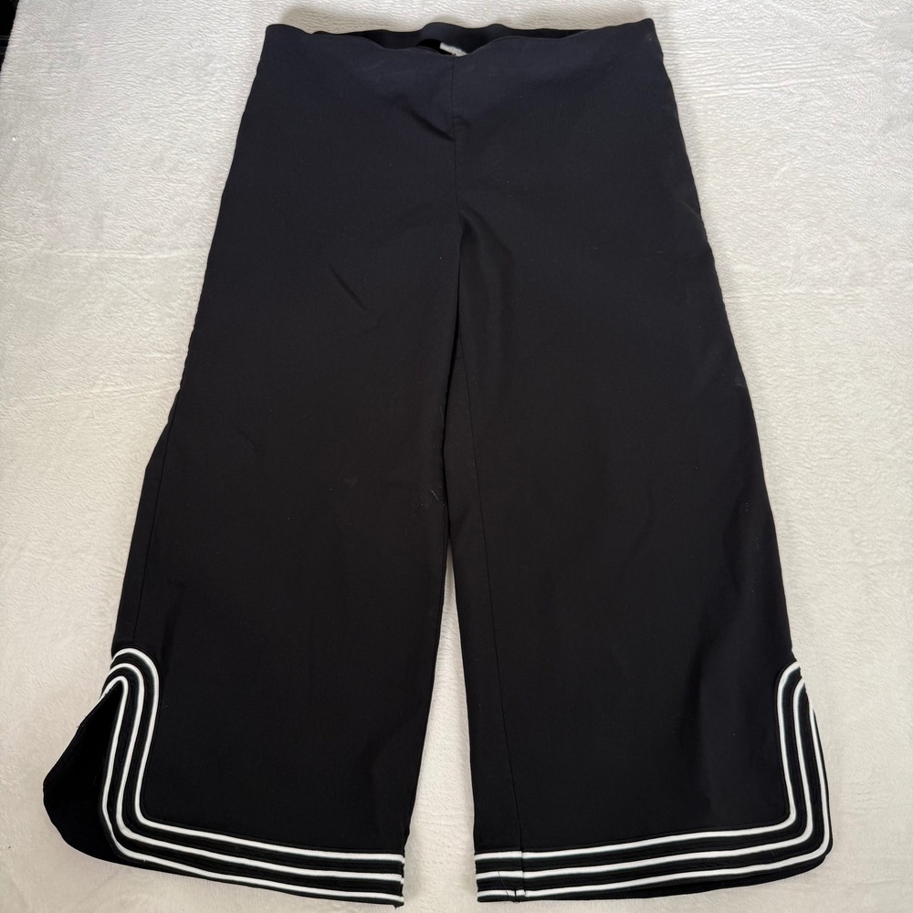Chico's Pants Size 18 Black Cropped Wide Leg White Stripe Hem Ribbon Trim
